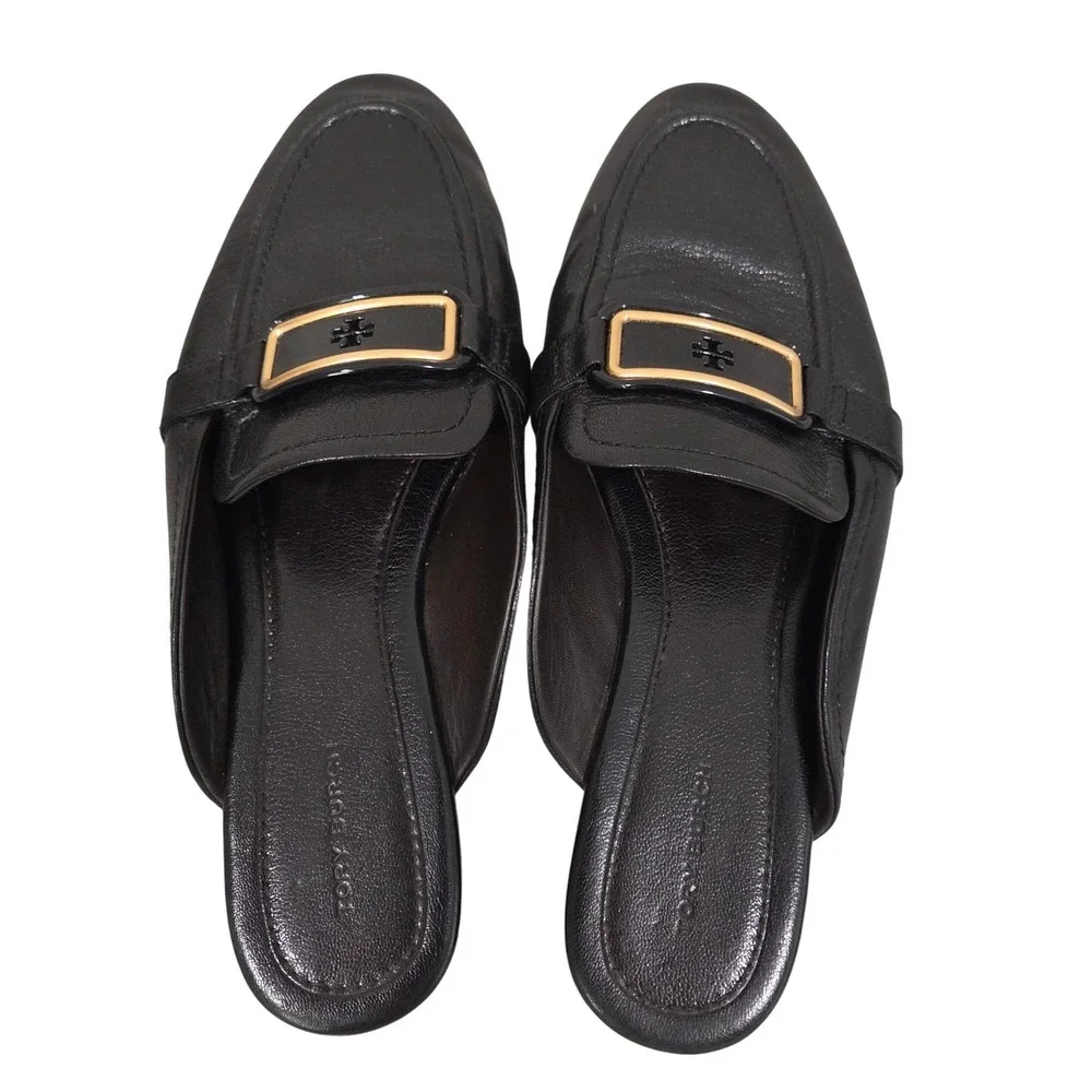 Tory Burch Georgia Backless Loafer Mule 8M Black Leather Gold Buckle Flat Chic